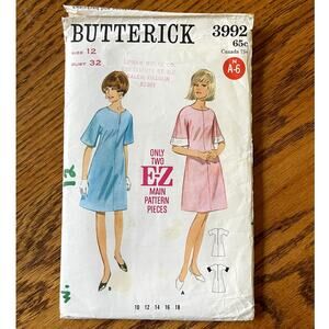 Vintage 1960s Butterick 3992 Sewing Pattern Size XS Shift Dress Knee Length